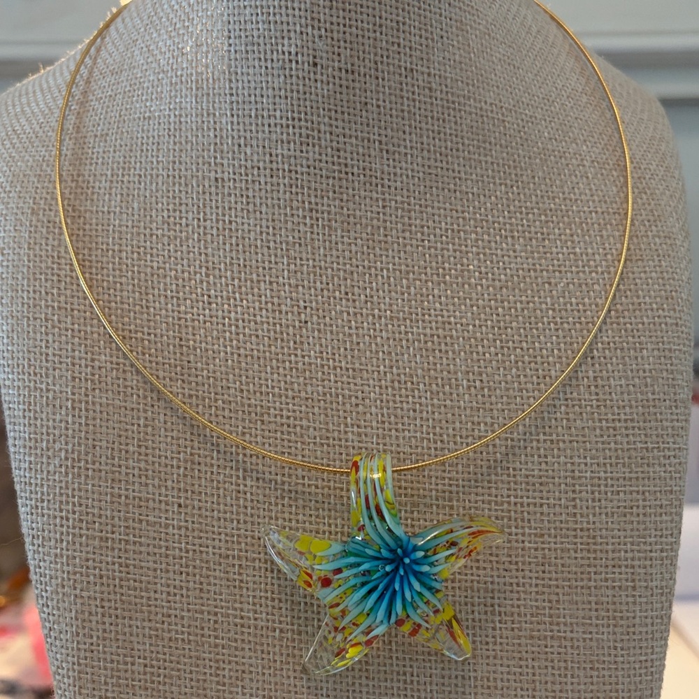 Vibrant  Blue & Yellow Starfish Glass Pendant Necklace